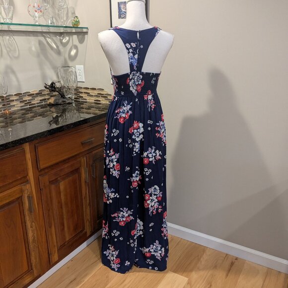 Japna Size Small Navy Floral Maxi Dress - V-Neck Smocked Waist & Button-Back - Picture 5 of 8